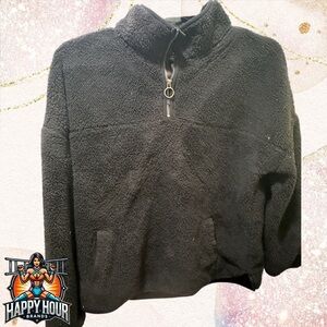 Time And Tru Women's Sz Large Black Sherpa Fleece Pullover Jacket Pockets Zip